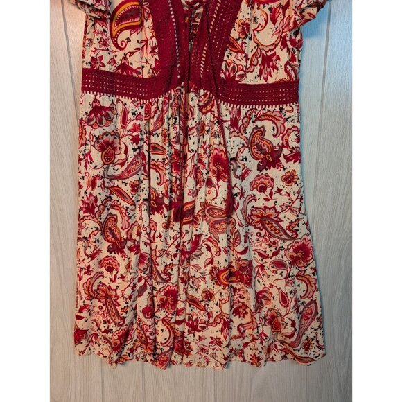 Torrid Mini Gauze Lace-Up Skater Dress Size 00 Red Paisley Crochet Pockets - Picture 4 of 11